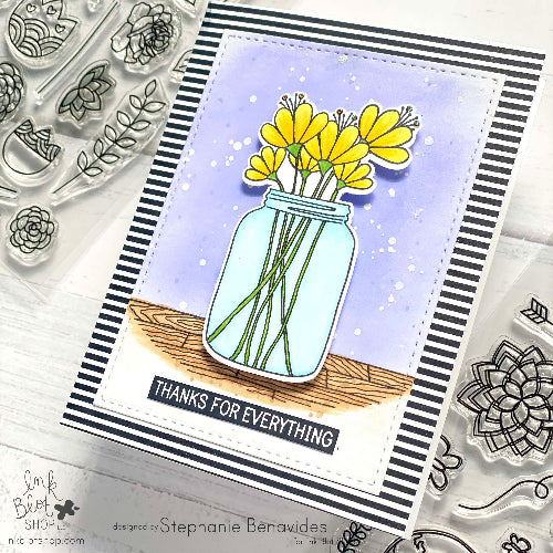 Card with yellow flowers in a jar and 'Thanks for Everything' text, surrounded by clear stamp set on a white background. Card features craft supply products from Ink Blot Shop.