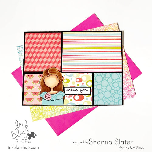 Colorful scrapbook layout or quilt-style card with a girl illustration and various patterns, designed by Shanna Slater for Ink Blot Shop.