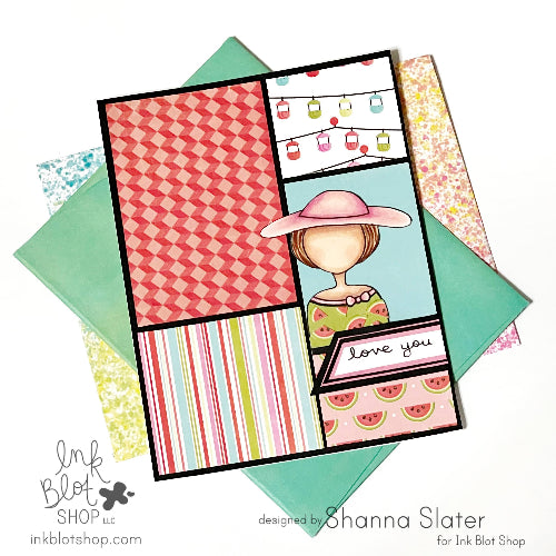 Colorful scrapbook-style card with a girl in a hat design, featuring patterns and 'love you' text.