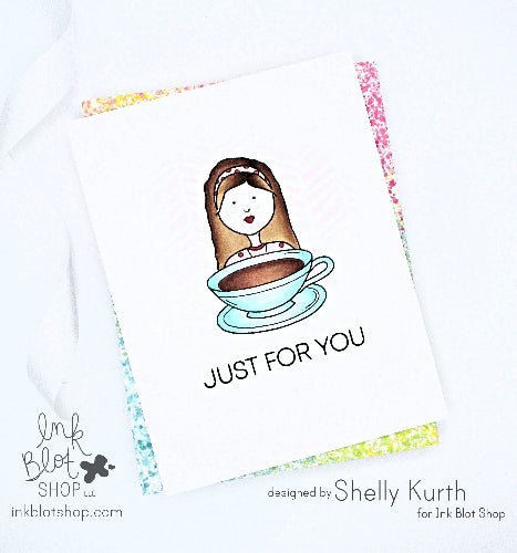 Card with a girl holding a cup of coffee and 'Just for You' text, designed by Shelly Kurth for Ink Blot Shop.