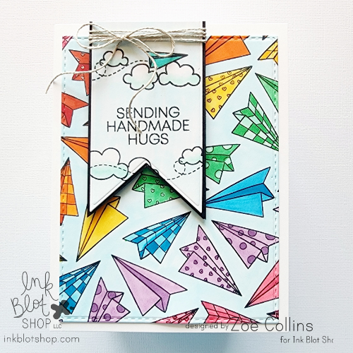 Colorful card with paper airplane design and 'Sending Handmade Hugs' text on a white background.