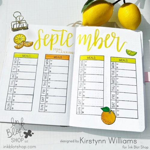 Meal planning calendar for September with lemon illustrations on a white background.