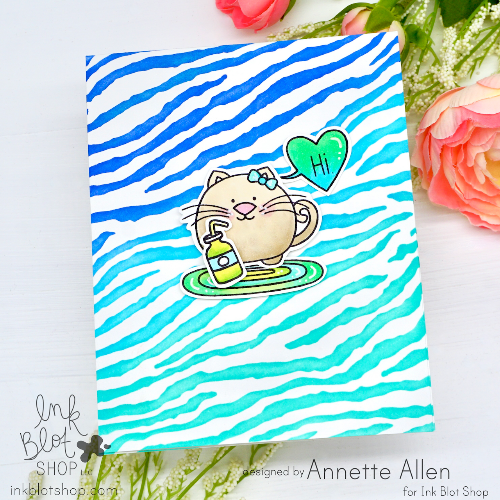 Greeting card with a cat illustration and 'Hi' heart on a blue and white zebra striped background
