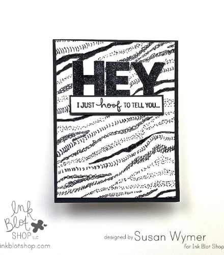 Black and white zebra print greeting card with text 'HEY I just hoof to tell you' on a white background, featuring products from Ink Blot Shop