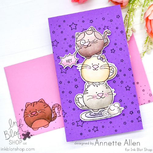 Handmade greeting card and coordinating stamped envelope with cat illustrations, featuring products from Ink Blot Shop.