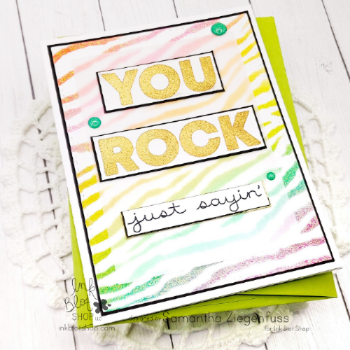 Colorful zebra print card with 'YOU ROCK just sayin'' text on a white background